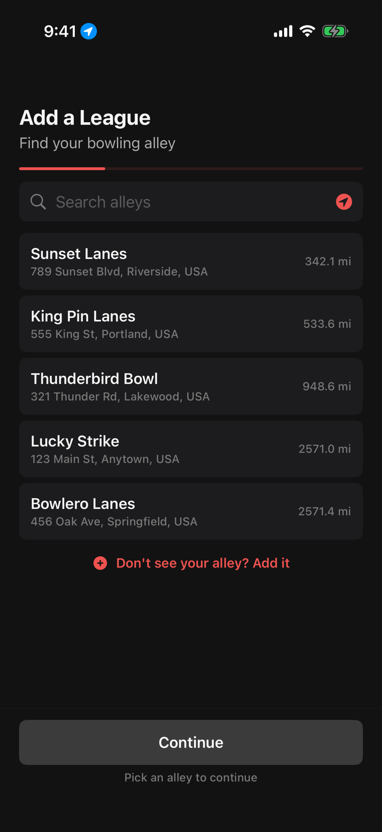 The Add a League setup in Advanced Bowling Tracker on its first step, choosing a bowling center