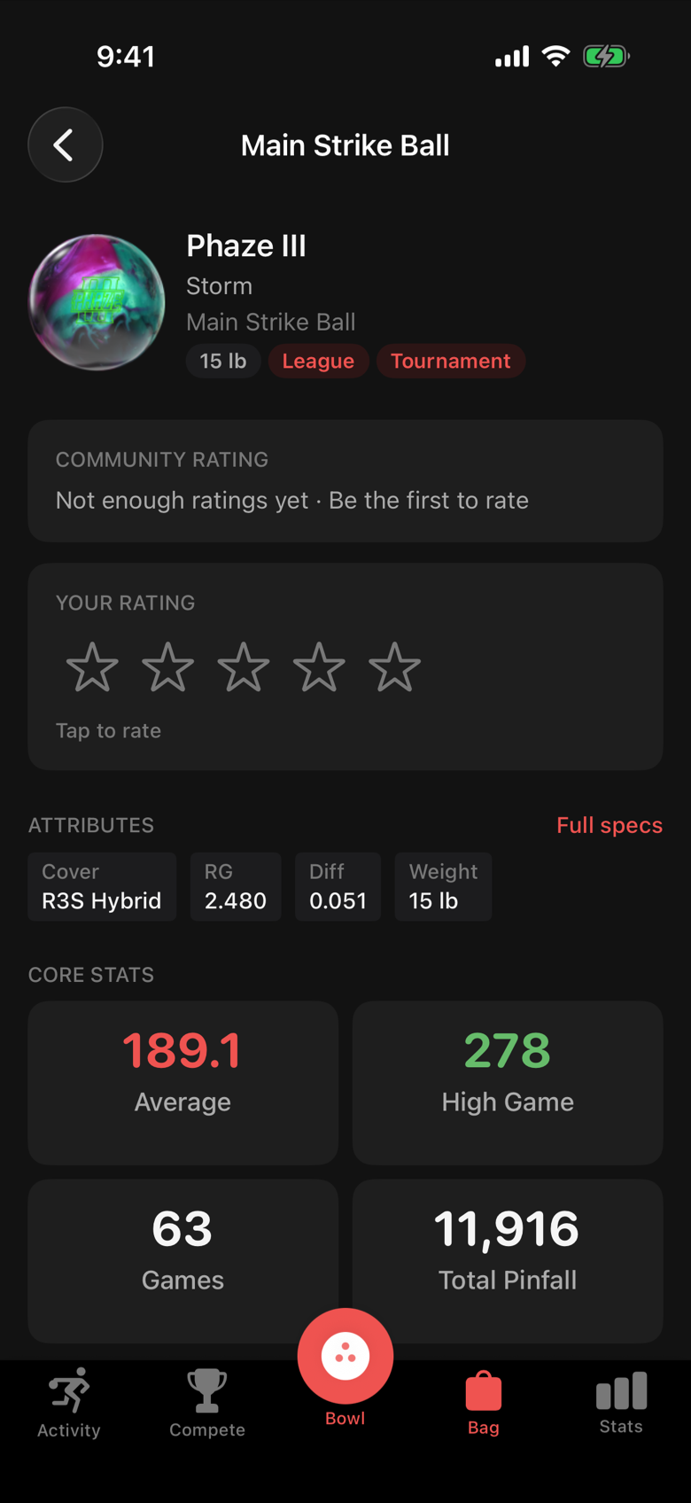 A ball detail page with attributes, layout, core stats, shot quality and the recent trend