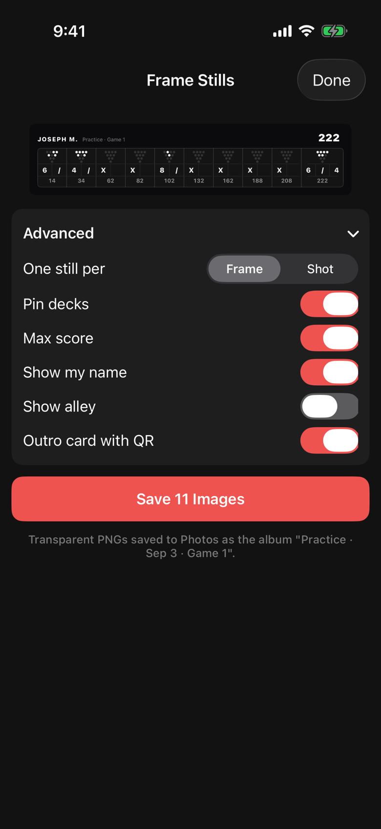 The Frame Stills sheet in Advanced Bowling Tracker with a preview of the scoresheet strip, the Advanced options and a Save Images button