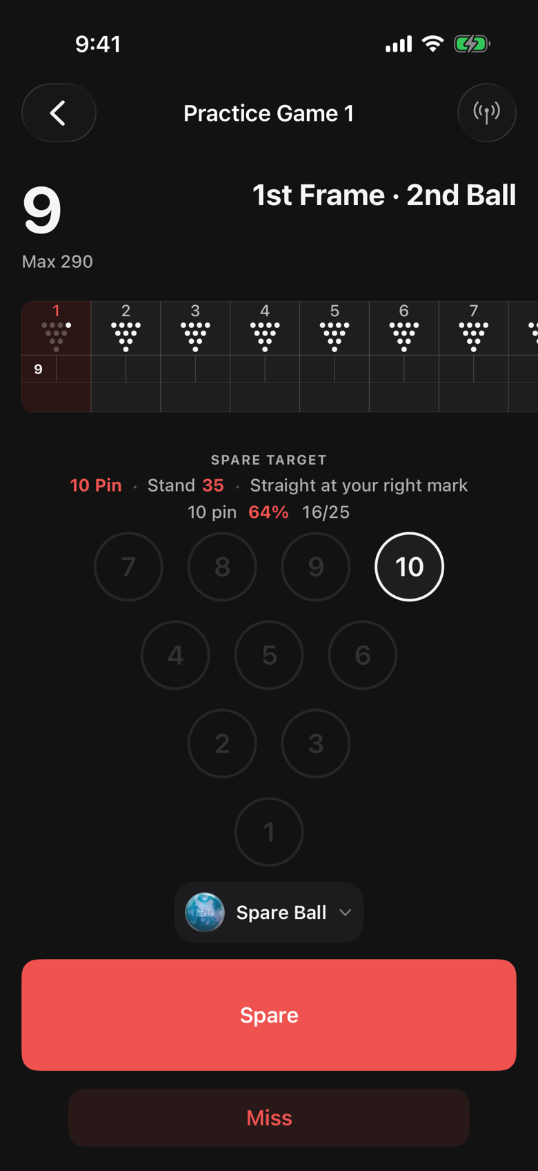 Scoring screen after a first ball that left the 10 pin, showing the Spare Target line: 10 Pin, Stand 35, Straight at your right mark