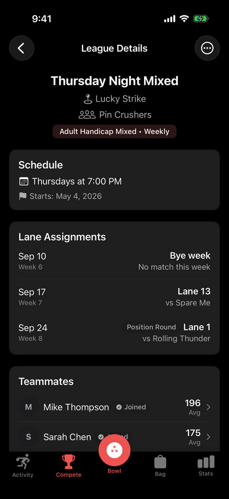 A league page in Advanced Bowling Tracker with the season average, statistics, and the schedule