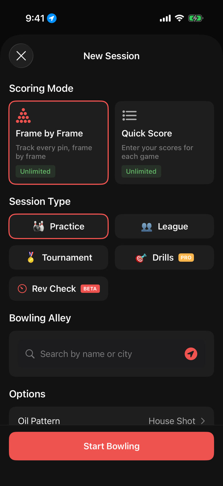 The New Session screen opened from a league day reminder with the league and lane preset