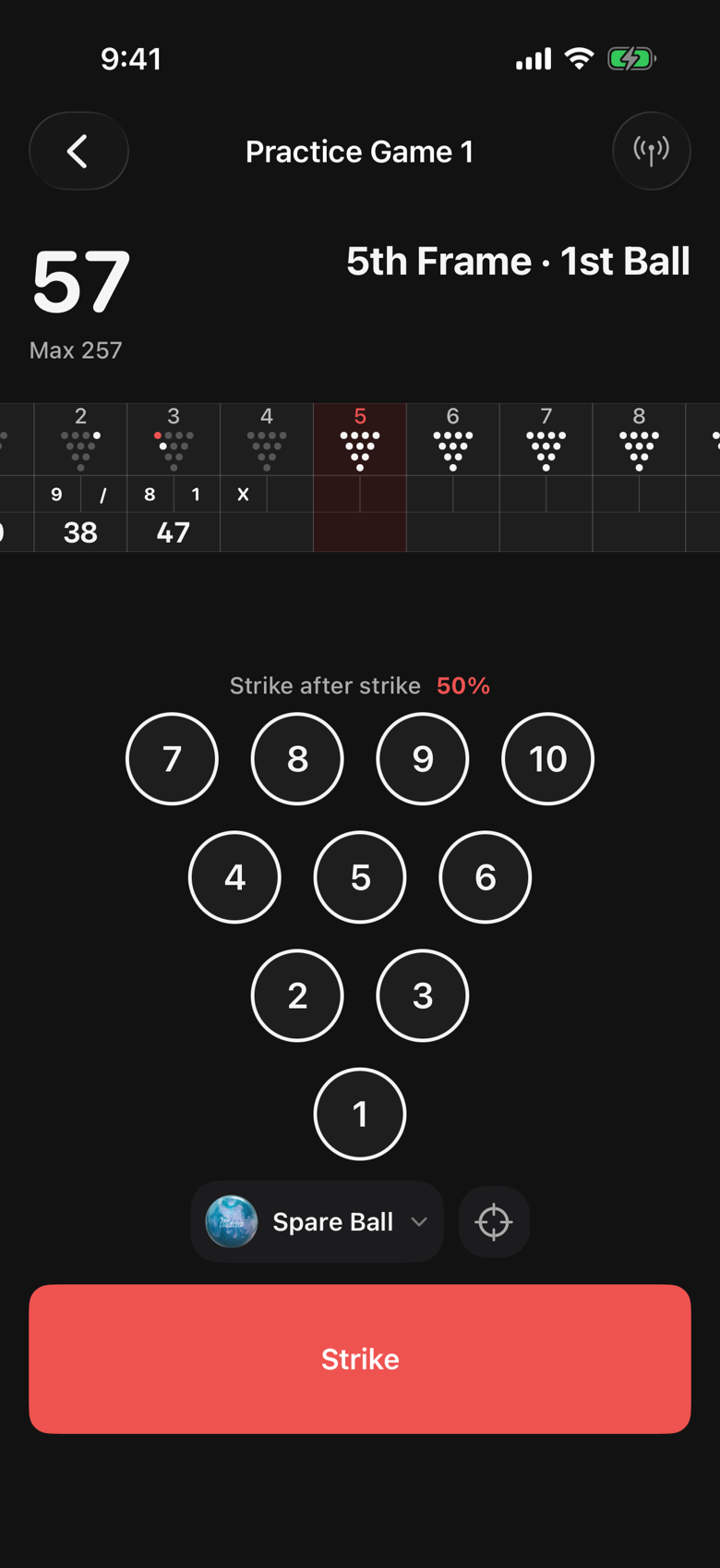 The scoring screen mid game with the scoresheet filled through four frames and the pin deck ready for the next shot