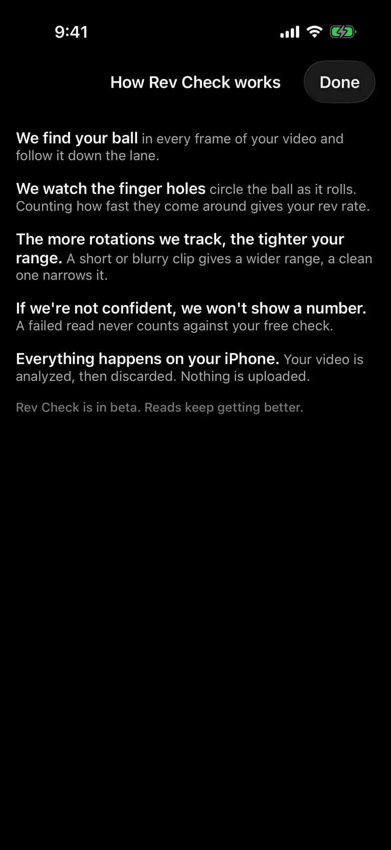 The How Rev Check works sheet with five short paragraphs about finding the ball, watching the finger holes, and on-device analysis