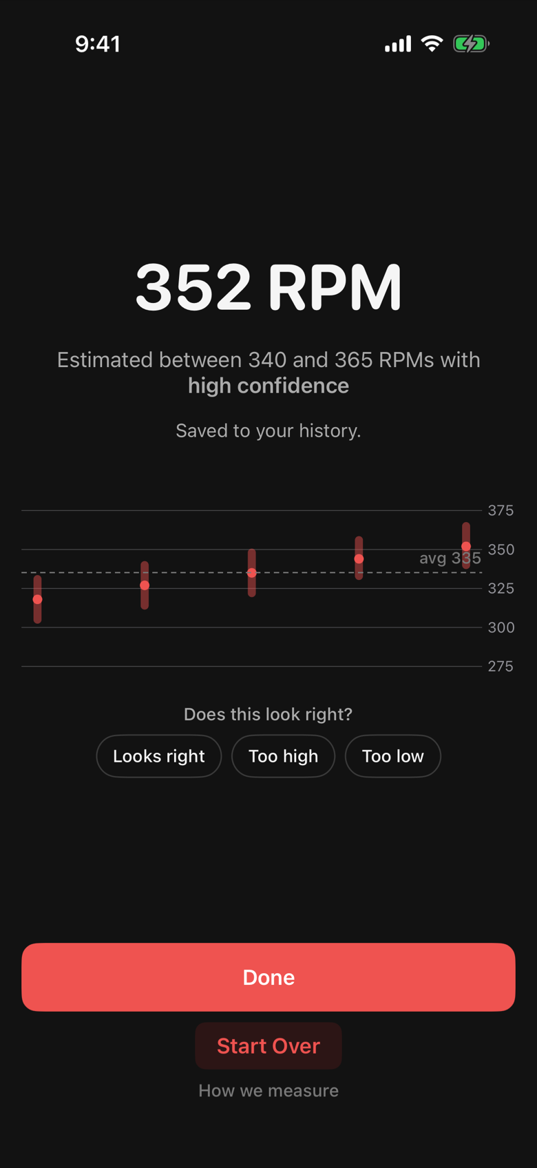 The Rev Check result screen showing 352 RPM, estimated between 340 and 365 RPMs with high confidence, and a trend chart of five checks