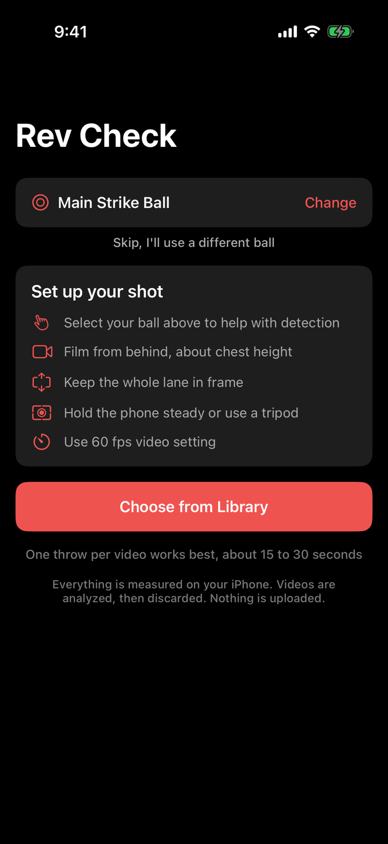 The Rev Check setup screen with a ball selected, the five item checklist, and Record Video and Choose from Library buttons