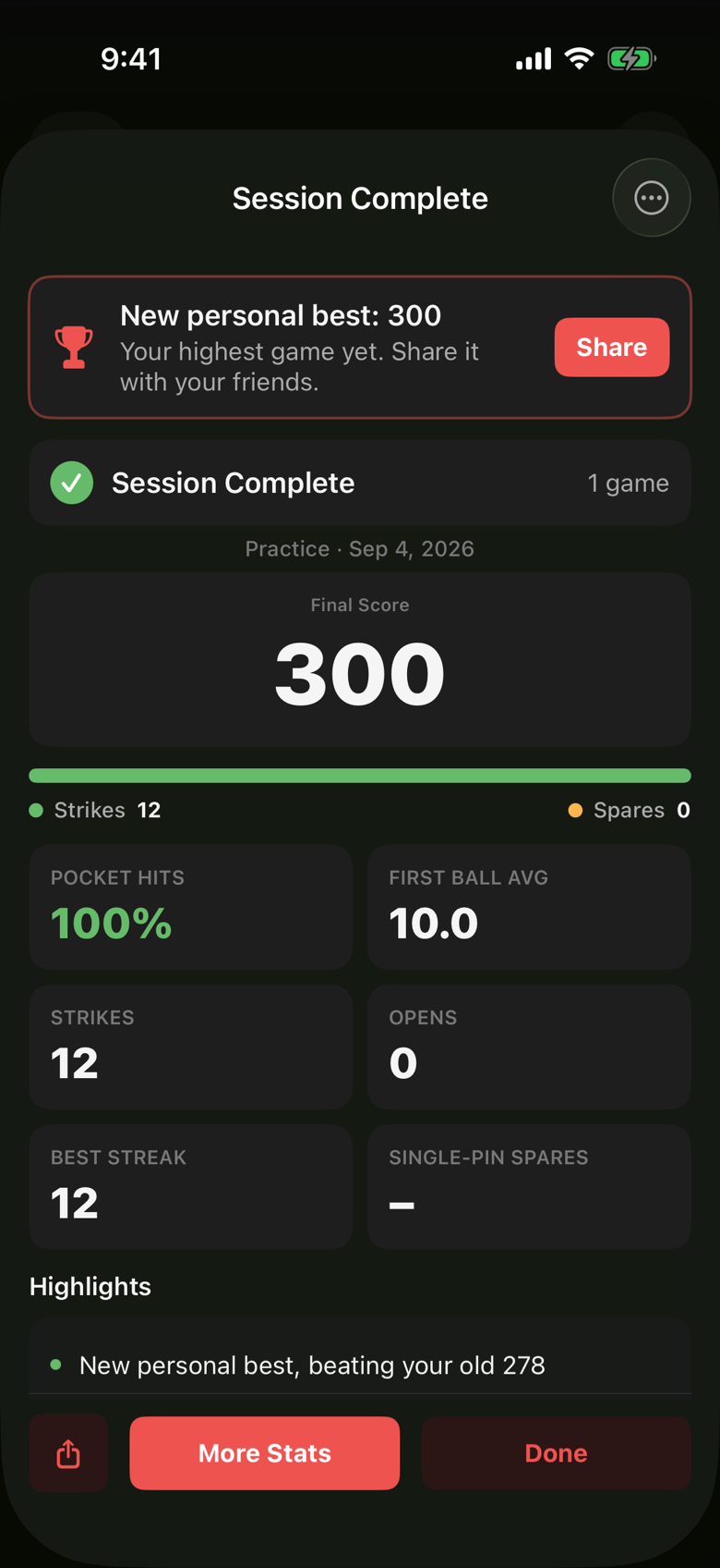 The Session Complete screen with a chart of game scores, a stats grid and a highlights section