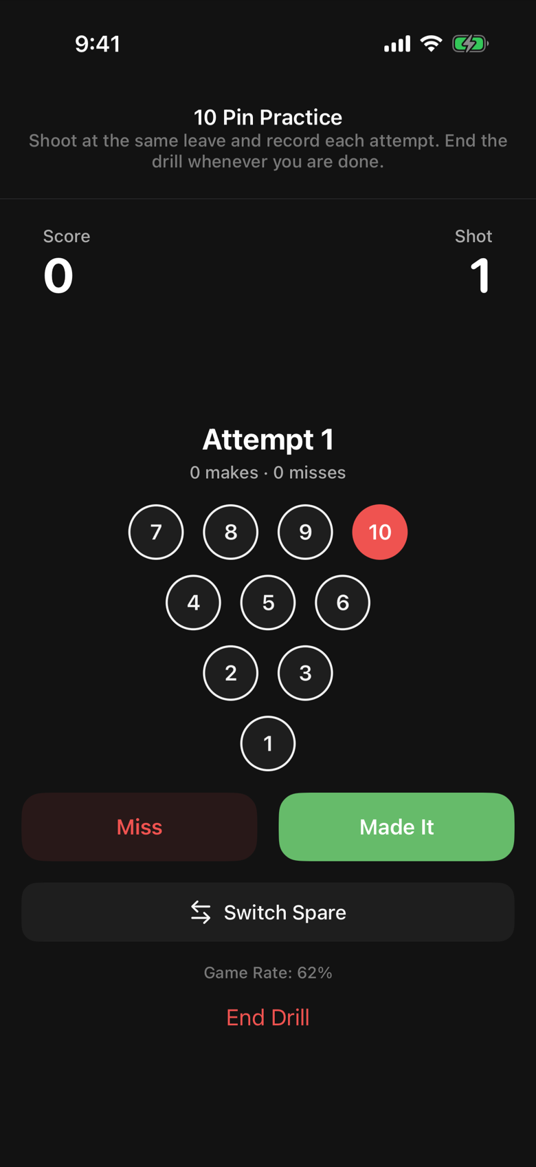 The Spare Practice drill screen with the attempt counter, makes and misses, and Miss and Made It buttons