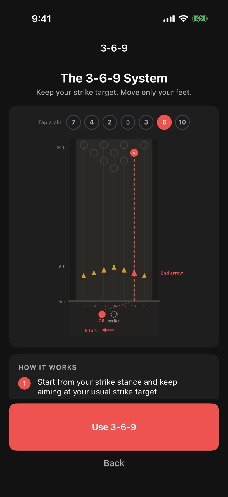 The 3-6-9 Learn screen in Advanced Bowling Tracker with the lane diagram and the feet moves chart