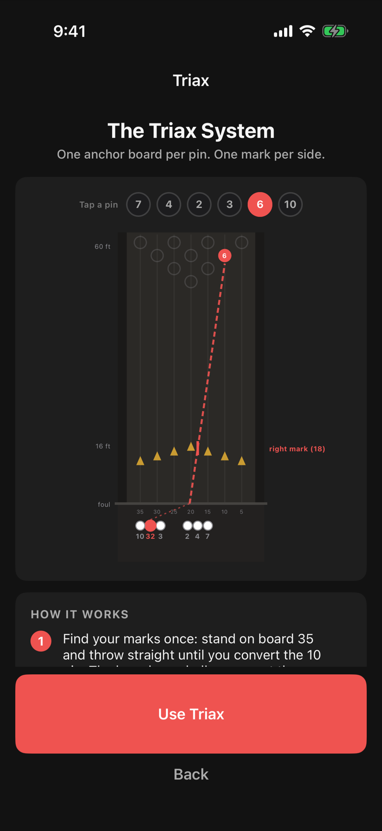 The Triax Learn screen in Advanced Bowling Tracker with the lane diagram, the anchor board chart and the marks note