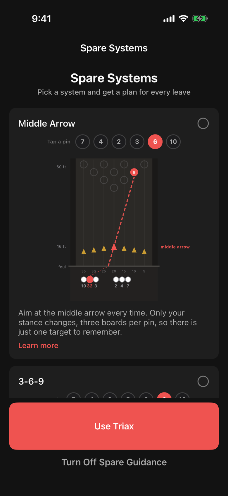 The Spare Systems chooser in Advanced Bowling Tracker showing the Middle Arrow, 3-6-9 and Triax cards