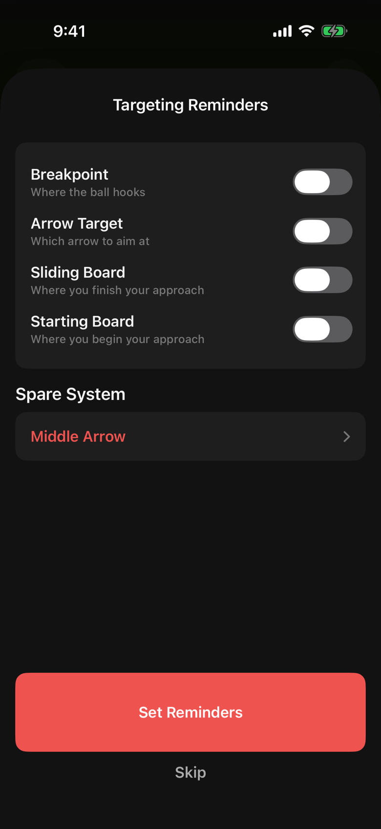 The Targeting Reminders sheet with Starting Board and Arrow Target toggles turned on