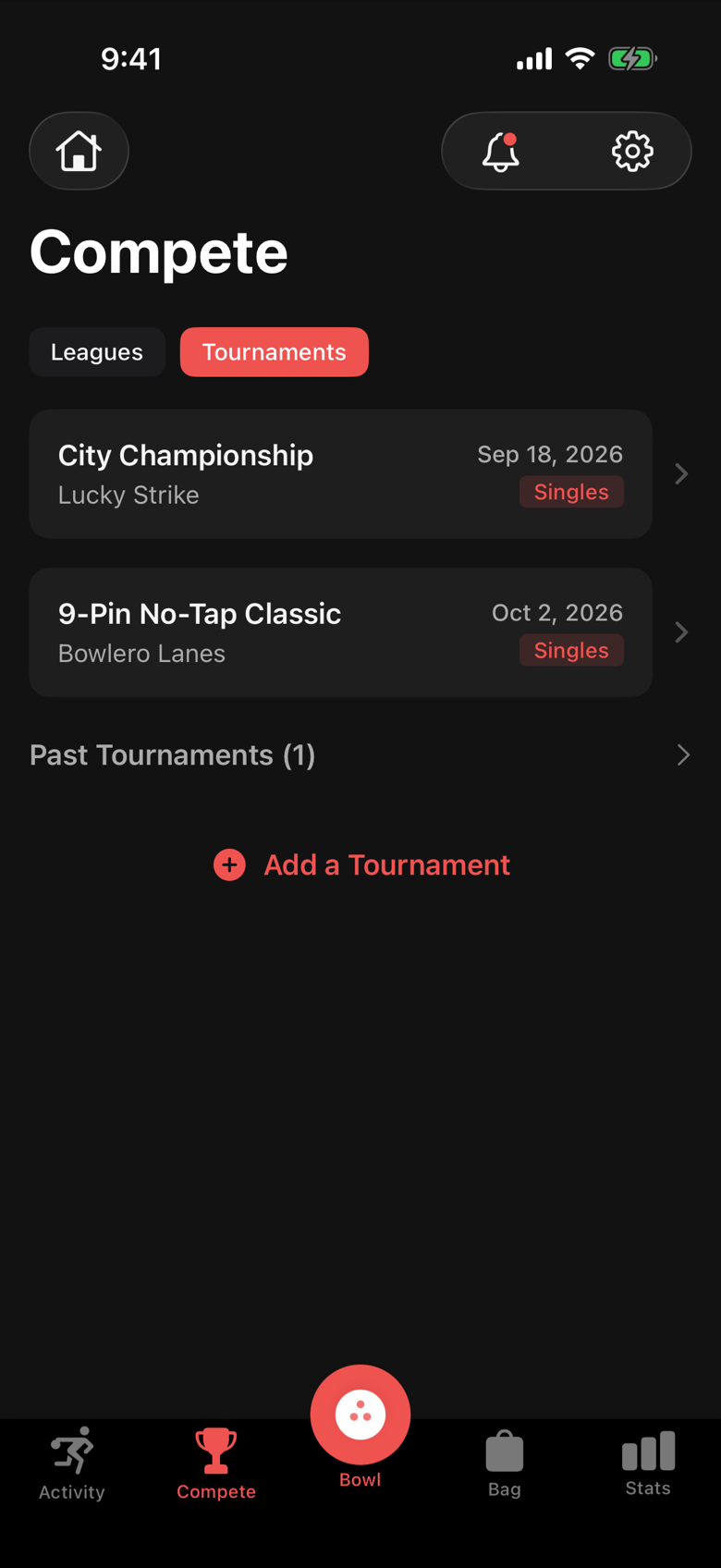 The Tournaments section of the Compete tab listing upcoming tournaments with dates and centers