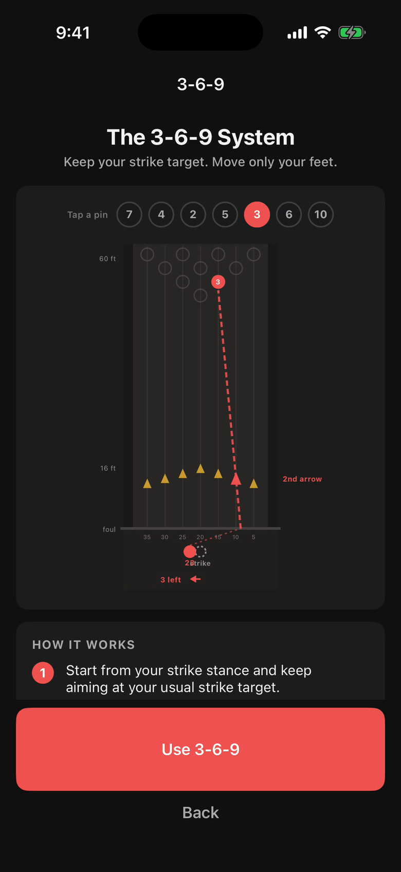 The 3-6-9 lane diagram in the app cycling through the key pins, moving the feet while the arrow stays fixed