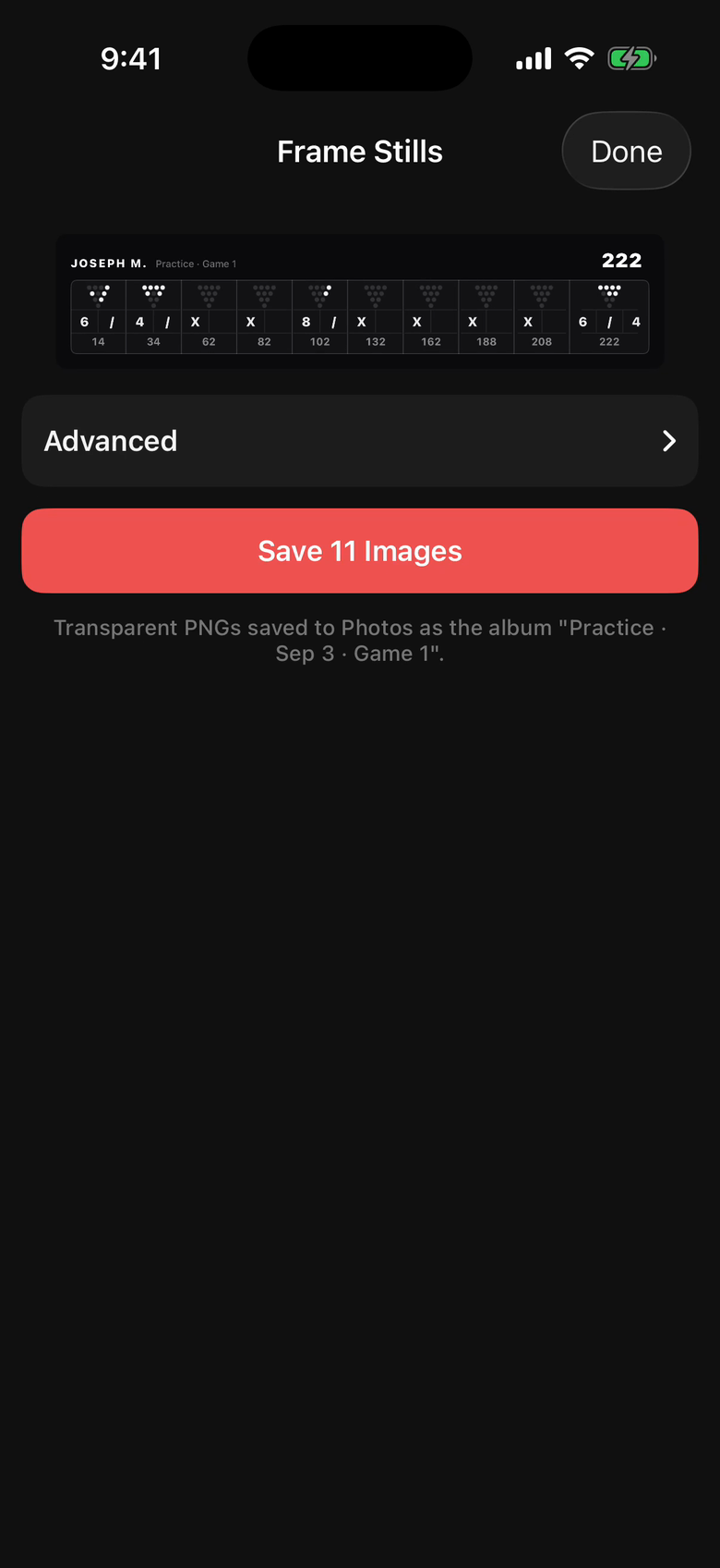 Opening the Frame Stills sheet from a finished game, expanding Advanced, and switching from one still per frame to one per shot