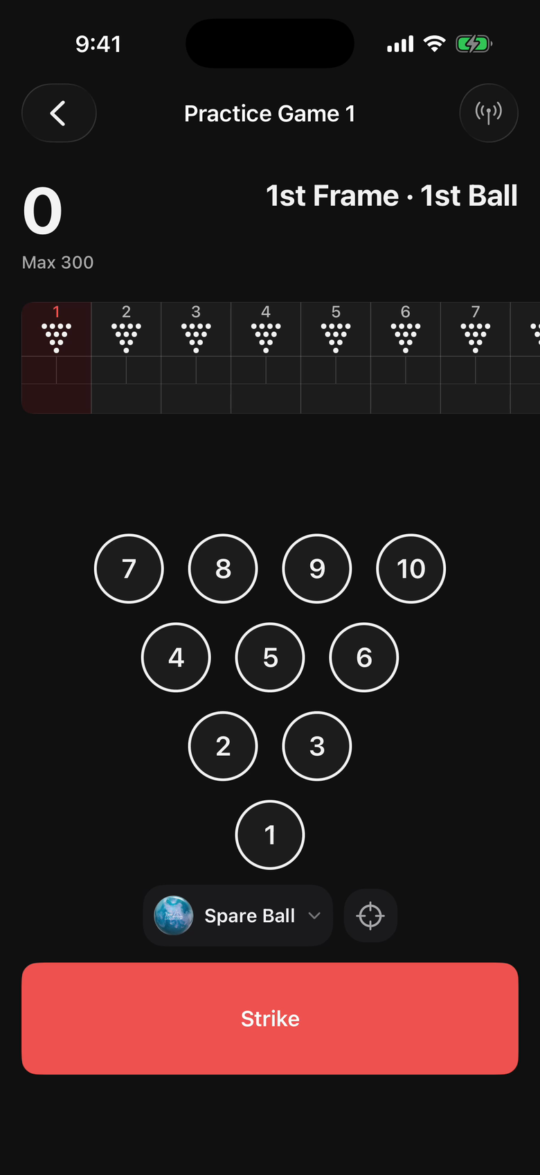 A first ball leaves the 10 pin and the Spare Target line appears on the scoring screen