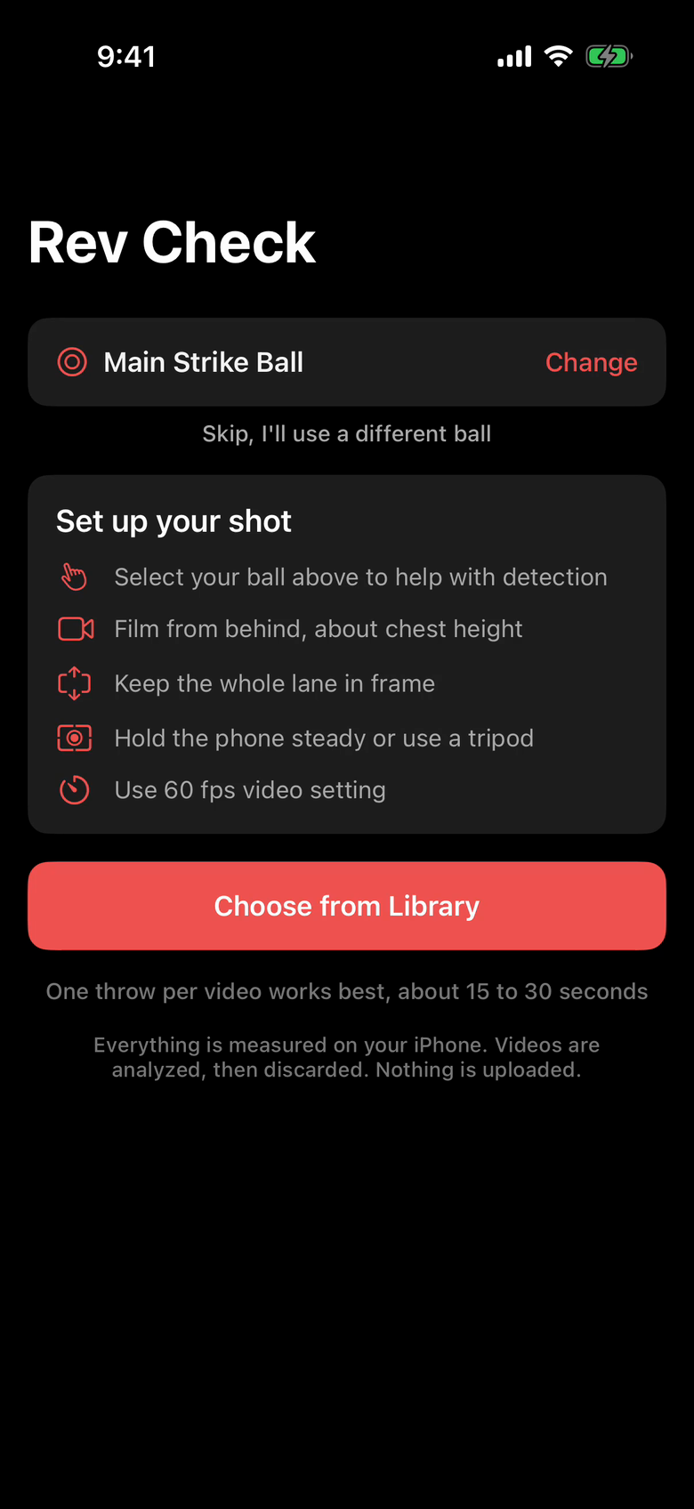 The Rev Check flow in the app: the setup checklist, the analyzing screen, then a result of 352 RPM with a trend chart