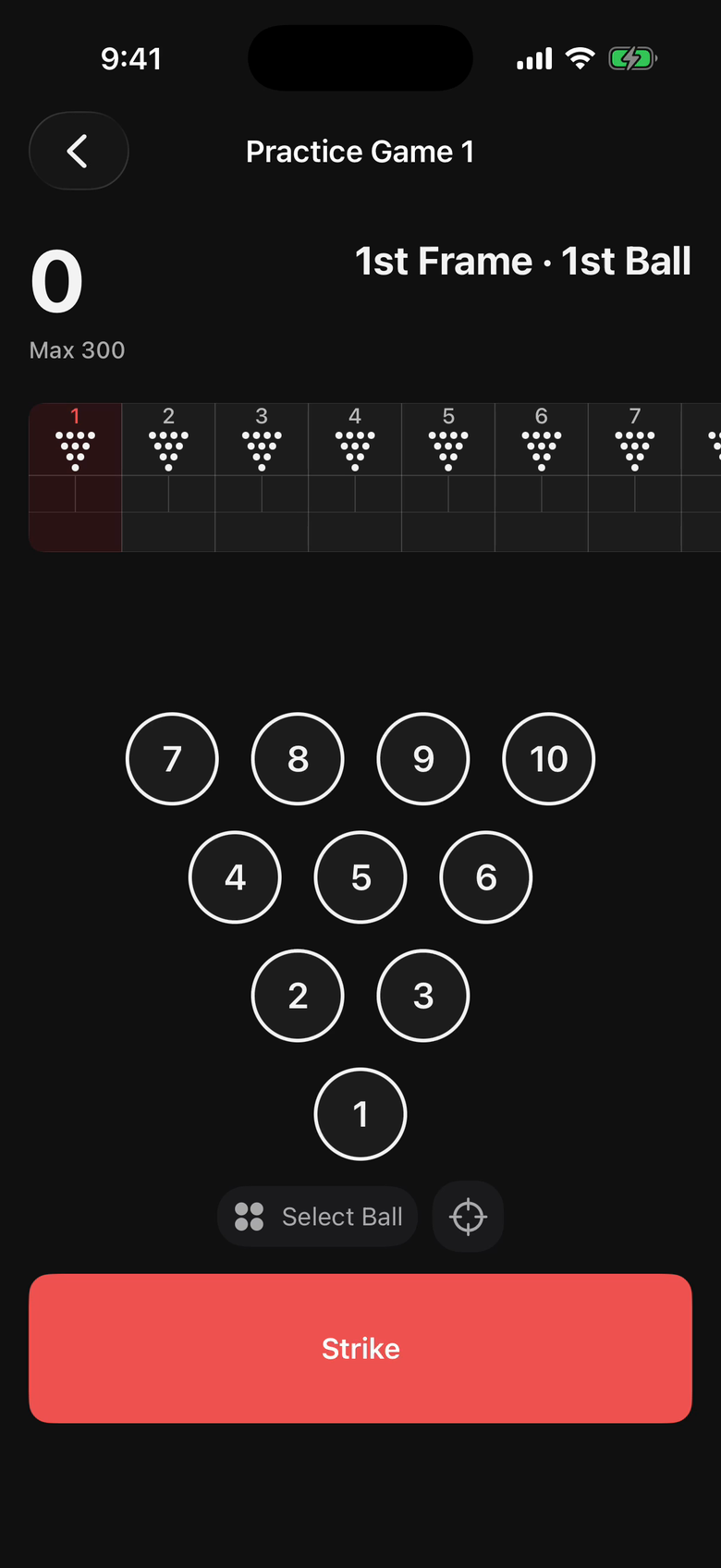 Recording a frame in the app: tapping the standing pins, then Record, then the second ball