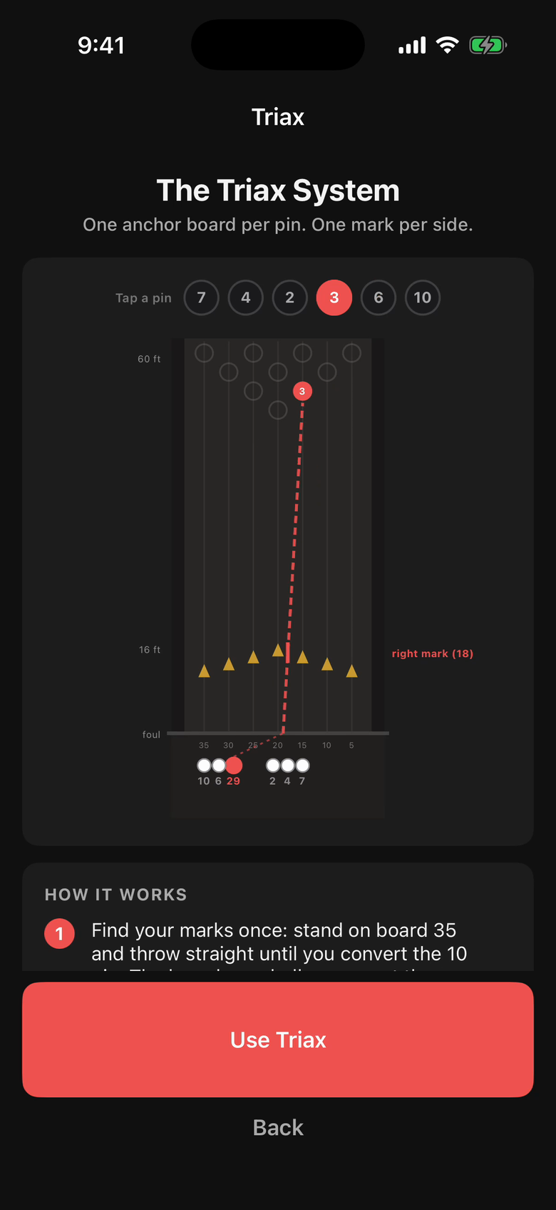 The Triax lane diagram in the app cycling through the key pins with straight ball paths at two marks
